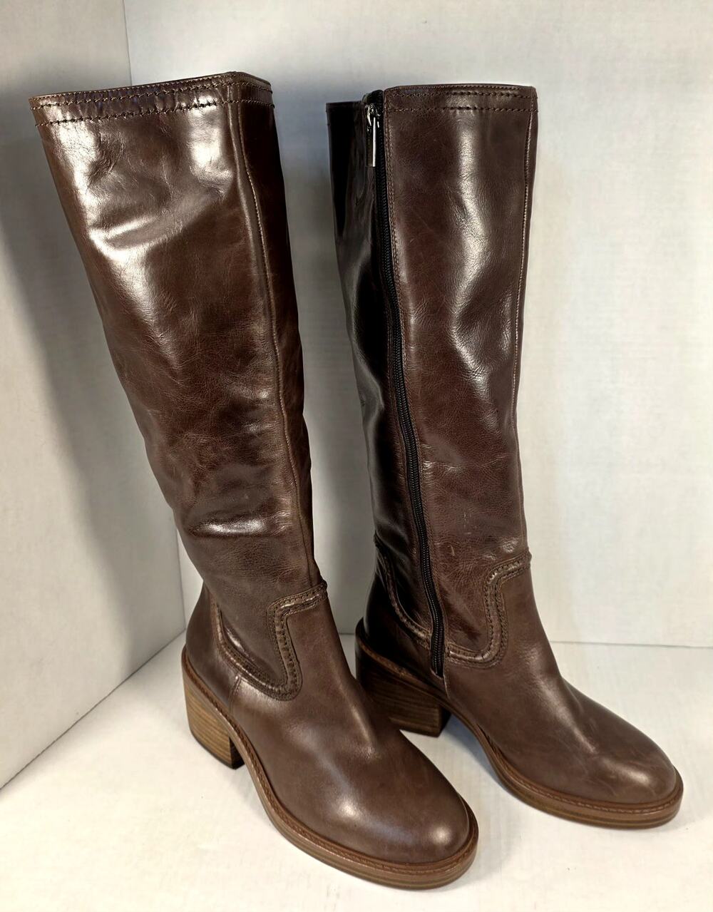 Vince Camuto Vuliann Brown Leather Knee High Riding Boots 6.5M Block Heel NWOT